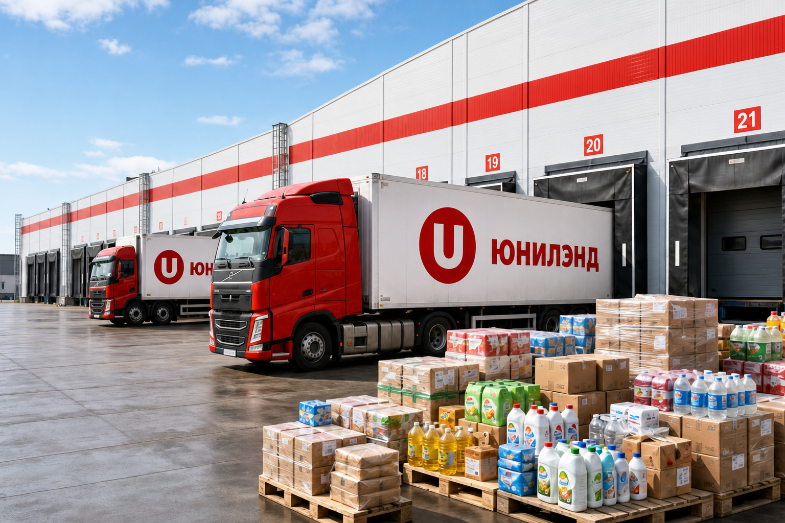 Грузовики Юнилэнд и товары на распределительном центре